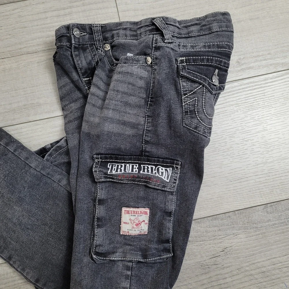👖True Religion Jeans Boy 10 Shadow Grey Ricky Relaxed Straight Cargo Whiskering
